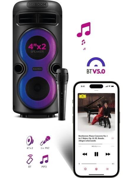 Maxron Mxboom Karaoke Mikrofonlu Bluetooth Hoparlör Parti LED Işıklı Ses Sistemi